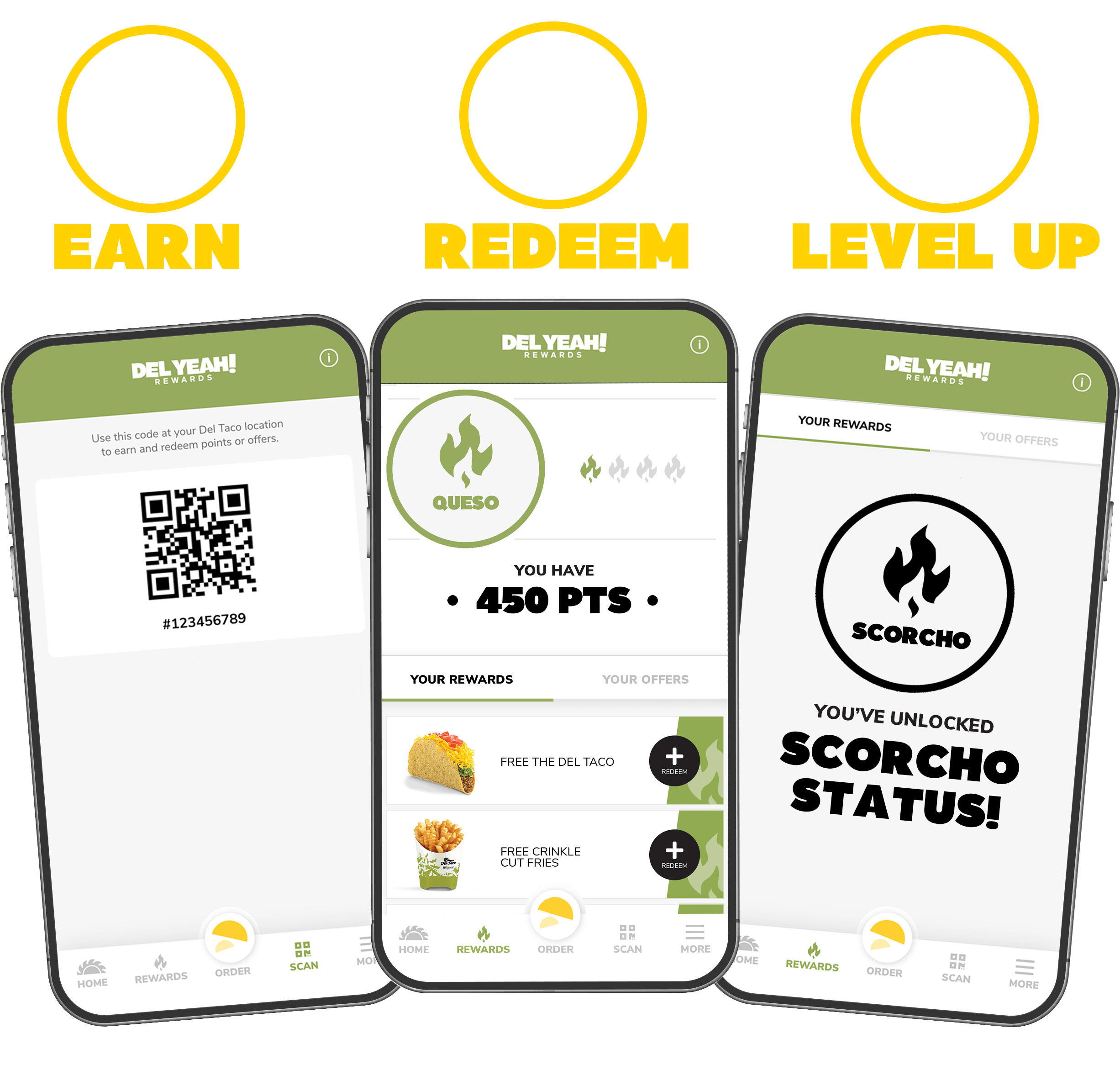 1. Earn, 2. Redeem, 3. Level Up